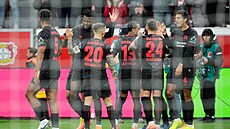 Fotbalisté Leverkusenu radují z gólu do sít� Freiburgu.