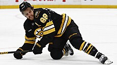 David Pastr�ák (Boston Bruins) vstává z ledu poté, co byl sra�en v utkání proti...