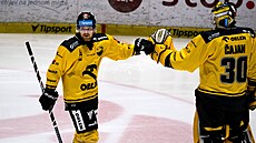 Hokejisté Litvínova se povzbuzují p�i duelu s Olomoucí.