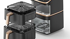 Dvoukoová varianta horkovzduné fritézy - koe lze vyjmout a mýt v myce.