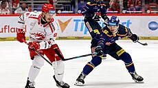 Tinecký útoník David Cienciala (vlevo) hlídá kotou ped eskobudjovickým...