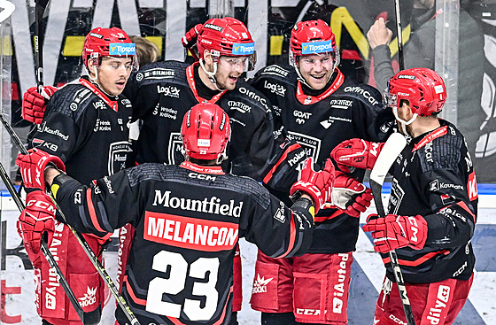 Rozjásaní hokejisté Hradce po jednom z gól do tinecké branky.