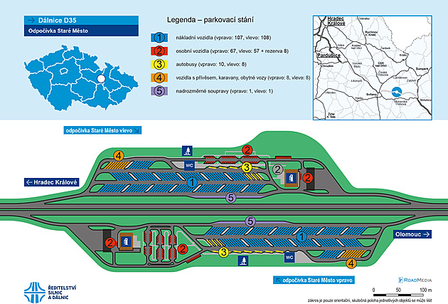 Parkoviště pro 350 aut, ale bez restaurace. Vodovod dálniční odpočívku odblokoval