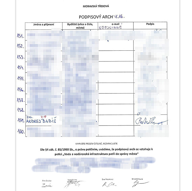 Falený podpis Andreje Babie na petiním archu.
