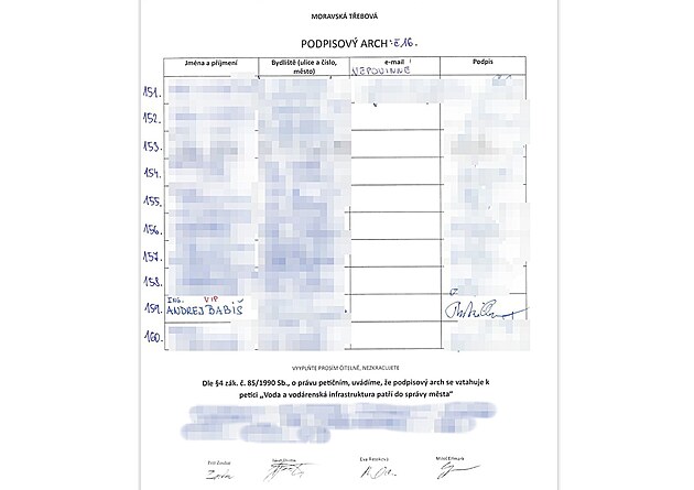 Falený podpis Andreje Babie na petiním archu.