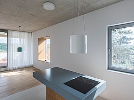 Vestavný nábytek kontrastuje barevností s monochromatickým exteriérem.