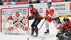 Ve stehu je olomoucký branká Matj Machovský. Ped ním je Michal Vitouch ze...