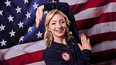 Amber Glennová na mediálním setkání amerických olympionik v New Yorku.