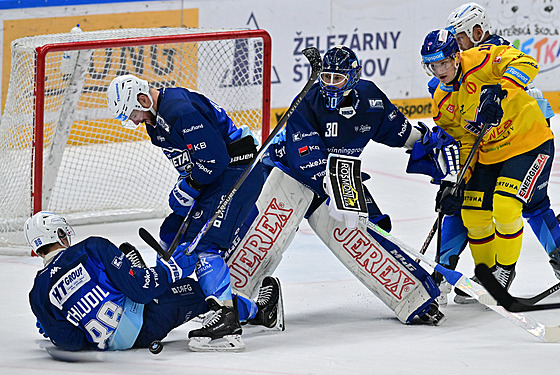 Brnntí hokejisté zasahují ped brankou Alee Stezky.