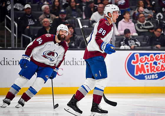 Martin Neas se raduje z gólu, za ním pijídí vousatý obránce Brent Burns.