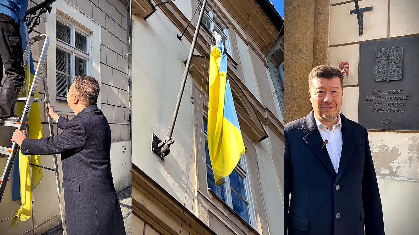 První krok ve funkci. Okamura sundal ukrajinskou vlajku z budovy Sněmovny