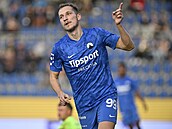 Liberecký Raimonds Krollis slaví gól v utkání se Slováckem.