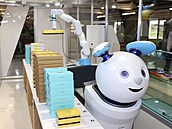 Robotická koka obsluhuje zákazníky v obchod se suvenýry na letiti Narita u...