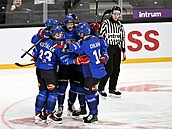 eský tým slaví gól Matje Stránského v utkání se výcarskem.