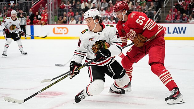 �to�n�k Connor Bedard z Chicaga (vlevo) je br�n�n Moritzem Seiderem z Detroitu.