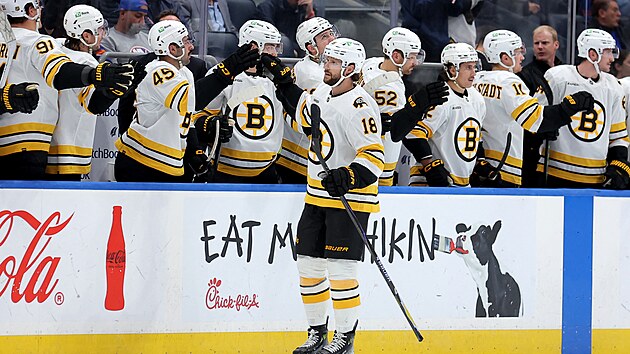 Pavel Zacha z Bostonu slav se spoluhri svj gl v utkn proti New Yorku Islanders.