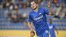 Liberecký Raimonds Krollis slaví gól v utkání se Slováckem.