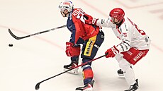 Tinecký Marian Adámek (vpravo) se snaí bránit Miloe Kelemena z Pardubic.