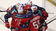 Pardubití hokejisté se radují z gólu.