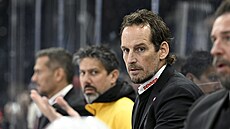 Ustaraný kou� Patrick Fischer na st�ída�ce �výcarské reprezentace sleduje zápas...