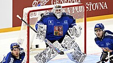 �eský branká� Josef Ko�ená� bedliv� pozoruje ve vzduchu letící kotou�.