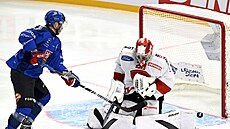 eský útoník Ondej Beránek zblízka ohrouje výcarského brankáe Reta Berru.