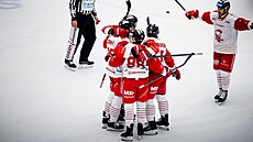 Tomá erný z HC Olomouc dává gól do sít Vítkovic.