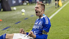 Daniel Va�ulín slaví branku do sít� Pardubic.