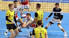 Ostravský sme�a� Michal Grzyb vybírá mí� t�sn� za sítí.