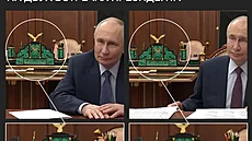 Naprosto identické uspo�ádání per a tu�ek na Putinov� stole b�hem dvou r�zných...