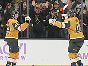 Braeden Bowman (42) a Tomá� Hertl (48) slaví gól Vegas Golden Knights.