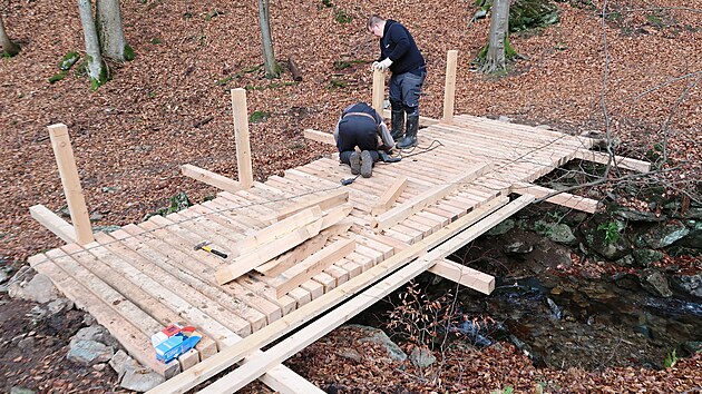 KRNAP opravil most mostek u Hu�sk�ho vodop�du na stezce mezi Rokytnic� a Dvora�kami (14.11.2025).