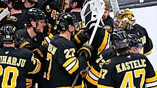 Hokejisté Boston Bruins gratulují Davidu Pastr�ákovi ke vst�elení 400. gólu v...