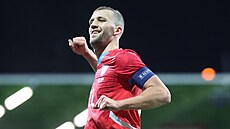 Tomá� Sou�ek slaví gól v p�ípravném utkání se San Marinem