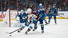 Filip Hronek se sna�í od branky odradit Calea Makara.