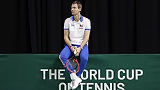 Tomá Berdych sleduje své svence na tréninku ped Davis Cupem v italské...