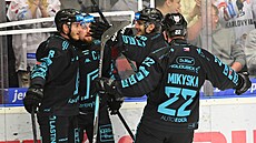 Hokejisté Karlových Var slaví gól v utkání s Plzní.