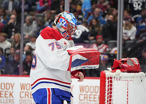 Branká� Montrealu Canadiens Jakub Dobe� si upravuje rukavici v utkání proti...