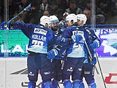 Hokejisté Brna oslavují gól na led Kladna.
