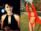 Elizabeth Hurley jako edesátnice ukazuje, e zub asu na ní píli vidt není.