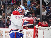 Branká� Montrealu Canadiens Jakub Dobe� si upravuje rukavici v utkání proti...