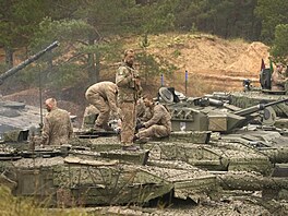 Posádka tanku dánské královské armády po vojenském cvi�ení NATO Multinational...