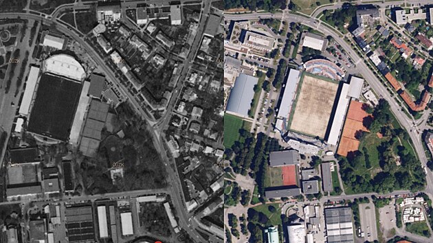 Promna Androva stadionu a jeho okol -  nalevo snmek z roku 2000, napravo souasnost.