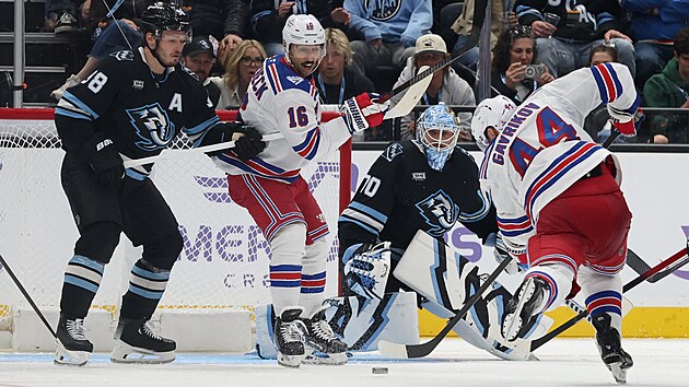 Brank�� Utahu Karel Vejmelka se sna�� zastavit �anci. New York Rangers.