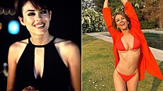 Elizabeth Hurley jako edesátnice ukazuje, e zub asu na ní píli vidt není.