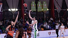 Artemis Spanuová ze �abin Brno zakon�uje v zápase s Basketem Ostrava.