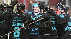 Karlovar�tí hrá�i slaví gól proti Vítkovicím.