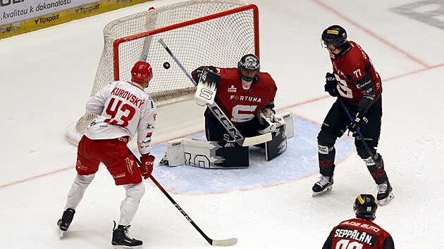 to�n�k T�ince Daniel Kurovsk� sleduje, jak jeho spoluhr�� Marko Da�o d�v� g�l brank��i Sparty Jakubu Kov��ovi.