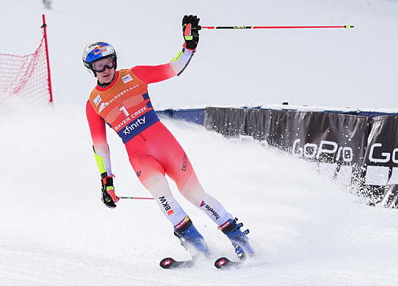 Vít�z Marco Odermatt v cíli ob�ího slalomu v Beaver Creeku