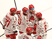 Radost tineckých hokejist po vstelené brance proti Hradci.